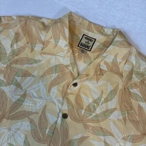 Tommy Bahama Shirt Men Large Yellow Silk Tropical Leaf Print Short Sleeve Camp